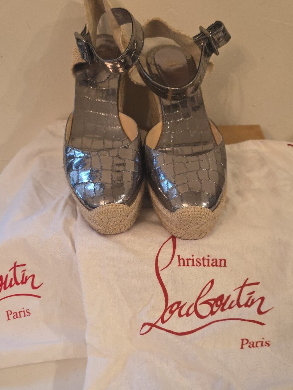Christian Louboutin Metallic Silver Croc-Embossed Women’s Sandals
